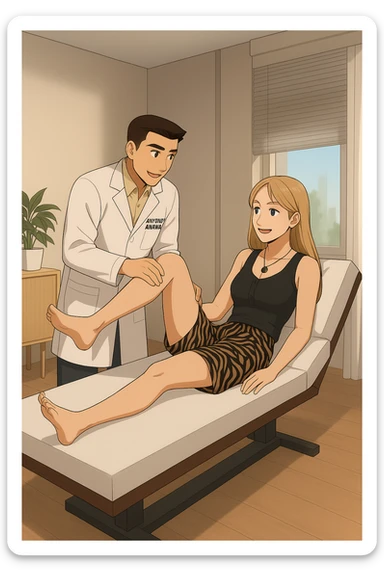 fai un webtoon/manga a colori con questo kinesiologo in camice bianco (fagli la scritta "ANTONIO ANANIA" SUL CAMICE) CHE SVOLGE UN TEST NEUROMUSCOLARE SOLLEVANDO UNA GAMBA ALLA RAGAZZA CHE è STESA SU UN LETTINO BIANCO. STANZA SEMPLICE E MODERNA, DURANTE IL TEST I DUE DIALOGANO TRA LORO. NON FARE I FUMETTI, FAI SOLO LORO COME SE DIALOGASSERO sticker