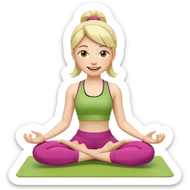 Девушка-мемоджи радостно сидит на коврике для йоги, в спортивной позе, в ярком стильном спортивном комплекте. Лицо сияющее, улыбка очень довольная и счастливая, в руках яркий стакан освежающего матча-лимонада, вокруг атмосфера свежести, отдыха и комфорта. Белый фон. 2 руки и 2 ноги sticker