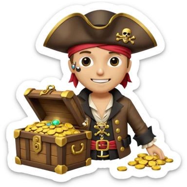 A 3D cartoon pirate character with one eye covered by a black eye patch, holding a treasure chest filled with gold coins and jewels, standing on sandy ground, wearing a pirate hat and coat, warm sunset lighting, realistic Memoji-style rendering. sticker