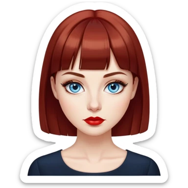 Creative woman with fair skin, oval face, striking blue eyes with dark eyeliner, thin eyebrows, small nose, full lips with bright red lipstick, dark auburn hair with straight bangs, wearing an elegant black blouse, artistic expression sticker