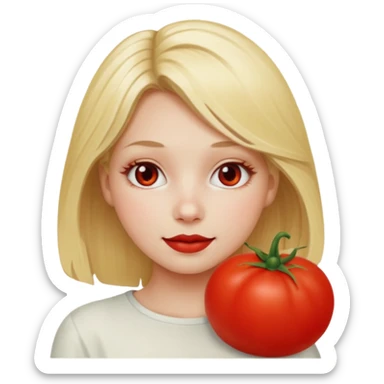 blonde girl, with a red face shaped as a tomato sticker