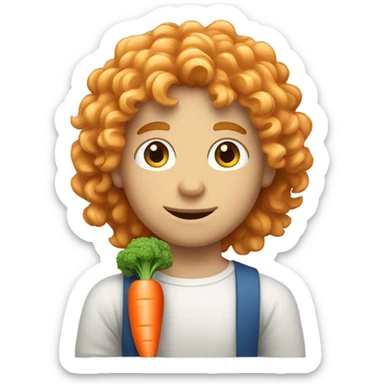 White boy with curly long hair and he holding a carrot  sticker