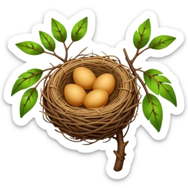 a bird's nest on a branch with green leaves sticker