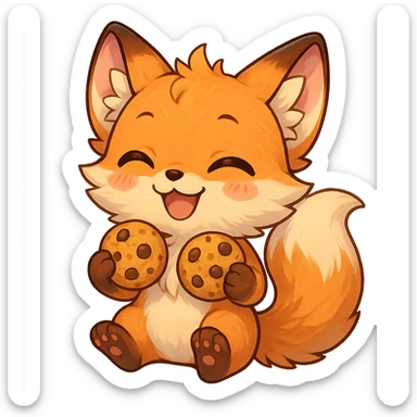 chibi anime style fox character, happy, holding cookies, cute, colorful, detailed sticker