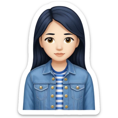 Teresa Li in black long hair, wearing blue and white striped shirt and denim jacket  sticker