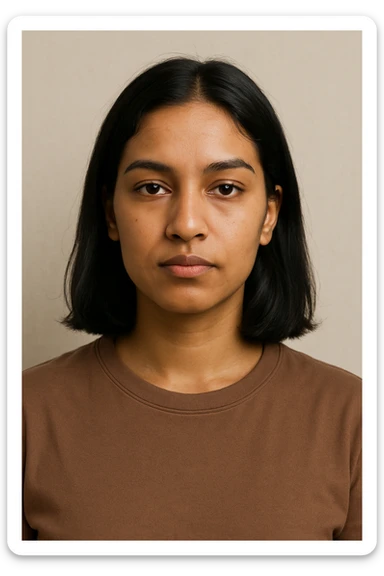 portrait of a light brown skinned female with shoulder length black hair, neutral expression, simple background sticker