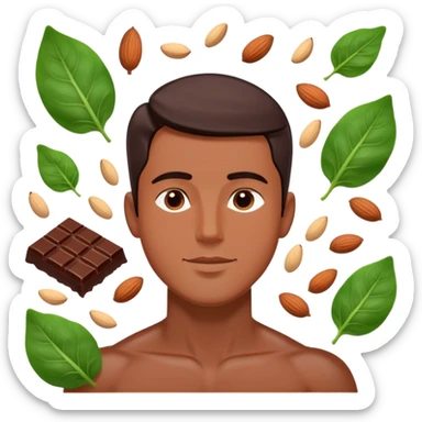 Relaxed male figure surrounded by floating foods: large pieces of shiny dark chocolate prominently displayed, with spinach leaves, almonds, and seeds. Soft light connecting these magnesium-rich foods to muscles and nervous system, showing a soothing effect on the man's body. sticker