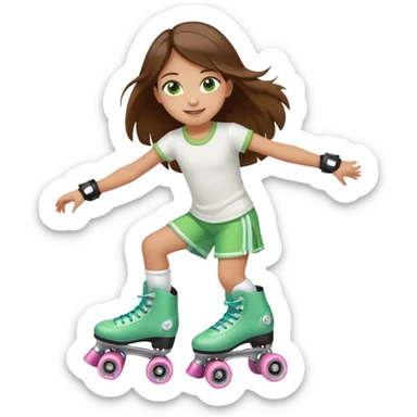 an 8 year old girl with green eyes and long brown hair. smiling. skating on quad style roller skates with white boot. sticker