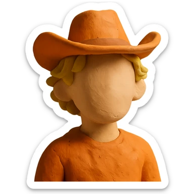 claymation style young man with wavy blonde hair, blank face, orange cowboy hat sticker
