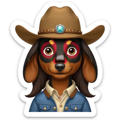 mostly black with some brown long hair daschund with a cowboy hat sticker