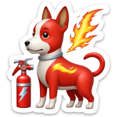 dog with electric lightning waves, fire extinguisher sticker