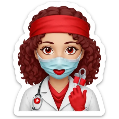 Lilith scalpel in hand, evil surgeon sexy surgeon clothes.  She has red eyes. Dark brown curly hair. Wears sexy doctor outfit with red gloves.covers her mouth necknose with red bandana to hide  her identity. Hair is long and brown sticker