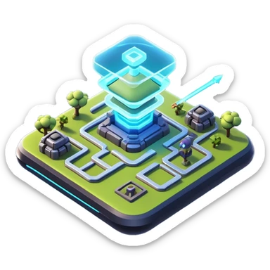 Clash of Clans aesthetic: Cinematic Playful 3D Isometric Holographic Map Emoji, rendered in a 3D vector-style similar to standard emojis with minimal shading and bold, simplified shapes. A compact, distinct form with signature details, softly glowing with a futuristic sci-fi warfare charm. Simplified yet unmistakably iconic, highly detailed and consistent, glowing with a soft radiance and high shine. Stylized with a touch of high-tech brilliance and a soft glowing outline, capturing the essence of a beloved gaming relic with a friendly, playful manner! sticker