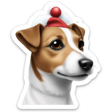 Jack Russel with white fur and brown spots with Christmas hat in the snow sticker