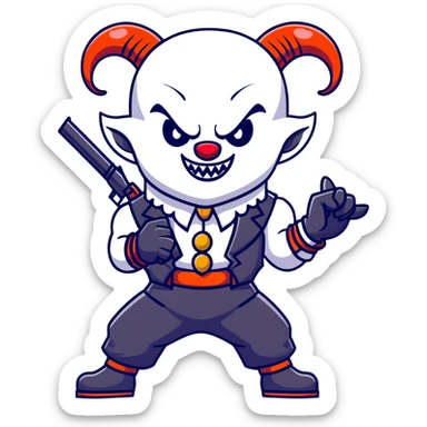 full-body muscular demonic clown in a black and white leisure suit with bellbottom pants, bald, with black ram horns, flashy black and white belt, ruffled white shirt, no neck tie, large fangs, holding a very large futuristic rifle sticker