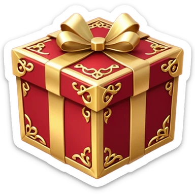 Create a highly polished, 3D game UI–style gift box with a luxurious red and gold theme. gift box ,The square box features deep crimson-red panels with ornate gold metallic trim and filigree details along the edges.  sticker