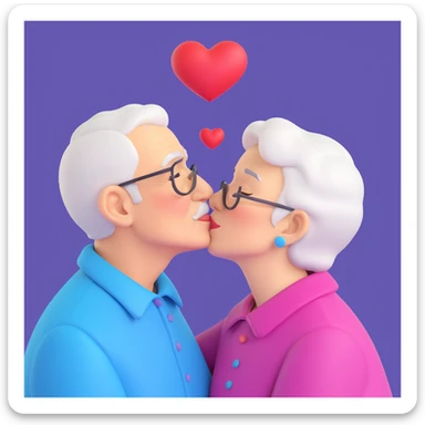 elderly couple sharing a playful kiss, realistic 3D style, vibrant colors, loving atmosphere sticker