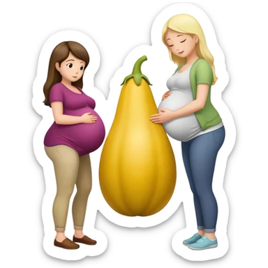 yellow eggplant on top of a pregnant person, with a bowing person turned to the side sticker