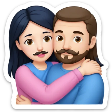 Tall white man with brown mustache goatee wearing blue hugging a chubby short pale woman with long black hair wearing pink sticker