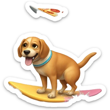 Dog riding a surfboard eating pizza sticker