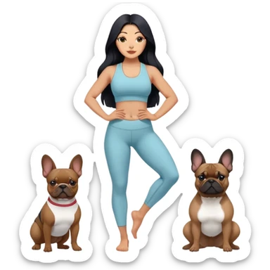 latin woman in a yoga outfit with long black hair standing alongside two French bulldogs  sticker