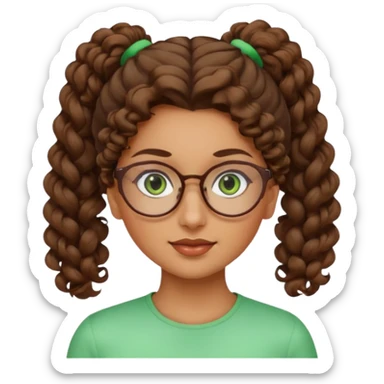 iranian woman, tight curly light brown hair in pony tail, glasses, green eyes, pretty, oval shape face sticker