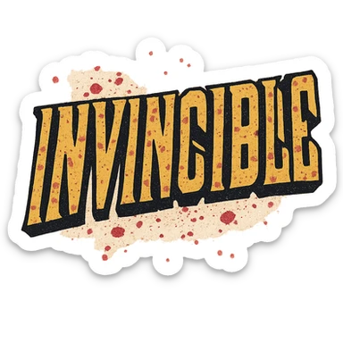 the word 'Invincible' in a gritty, distressed comic font, yellow with black outline, splattered with red, no background sticker