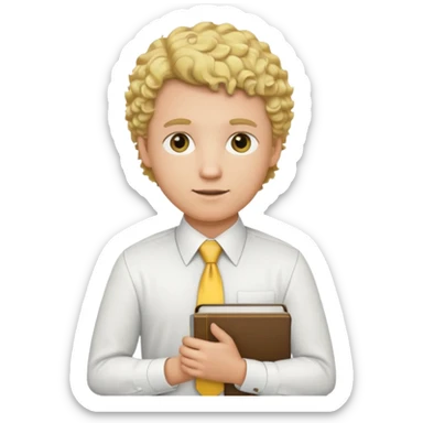 Blond curly haired mormon missionary in a white shirt and yellow tie holding a bible sticker