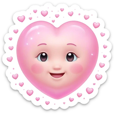 Cinematic floating soft heart, chubby round edges, pastel pink glow, tiny smiling face, surrounded by dreamy sparkles, gentle and loving. sticker