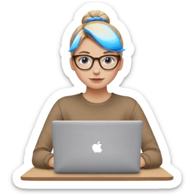 girl, dirty blonde hair, a bun, blue eyes, glasses, brown longsleeve, a laptop. upper body. sticker