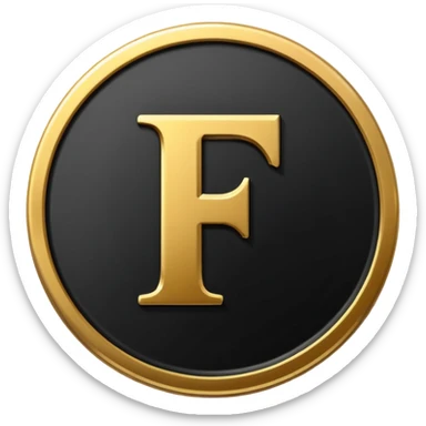 Emoji icon of a black coin with engraved letter F, minimalist style, isolated sticker