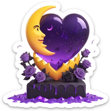 3D emoji gothic heart, purple glass, crescent moon with gemstone, black roses at the base, bold lightning, heavy rain, cracked glass with crystal shards sticker