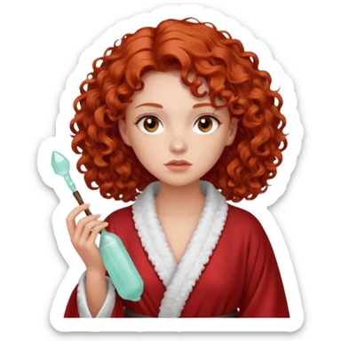 Cartoon emoji of a girl with voluminous curly red hair, fair skin, warm brown eyes. Wearing a chic milky silk robe with long sleeves, no makeup. Portrait mode, holding a gua sha, looking doubtful and unsure. Smooth, simple, stylized." sticker
