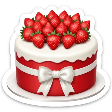 White birthday cake with all strawberries in the front and a white bow  sticker