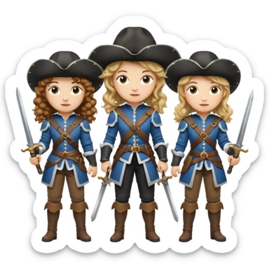 Three female musketeers ome with brown curly hair, one with blond one with blond in pony tail sticker