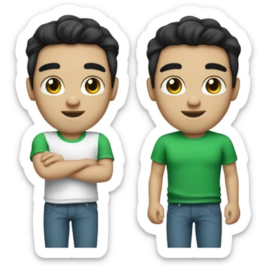 a guy always looking at his phone and to reels. blue eyes black hair white skin, green tshirt, always have a bracelet sticker