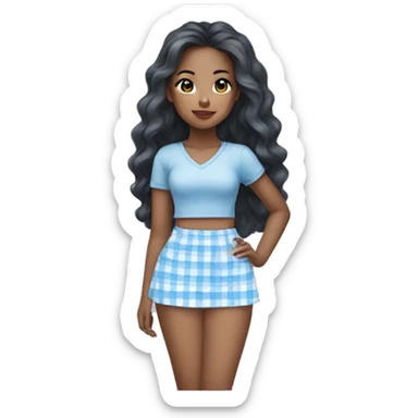 Pretty mixed Asian black girl with long wavy hair wearing a baby blue and white plaid mini skirt  sticker