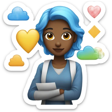 a developer girl with color palette, clouds, and a blue heart sticker