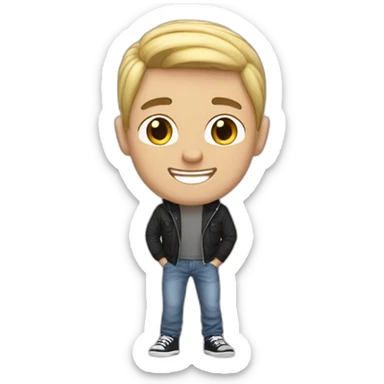 white gay man with black hair, with short light jeans and a hoddie smiling sticker