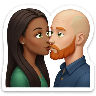 ebony black women with brown eyes and long balayage brown/black hair.  She is kissing bald white man. The White man is 47yrs old, pale, green eyes has orange facial hair and long beard  sticker