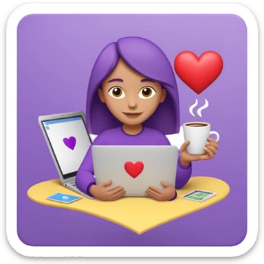 3D clay character relaxed with laptop and coffee, floating icons (envelope, heart, dollar), purple (#8B5CF6) outfit, bright yellow (#FBBF24) icons, white laptop, Pixar style, transparent background sticker