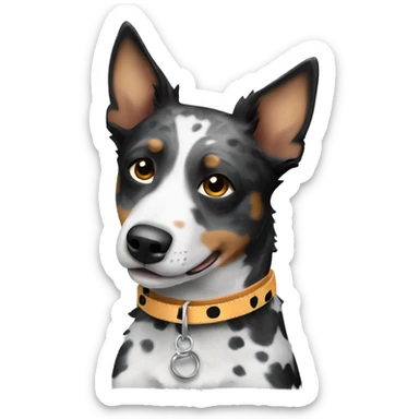 Black and white spotted Australian cattle dog with collar sticker
