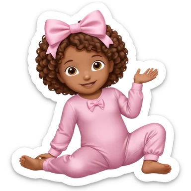 Brown skin baby with brown curly hair down laying down with satin baby pink onesie and white bow sticker