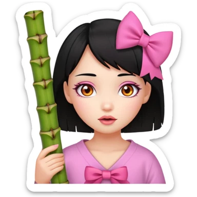 Girl with Black hair in the end orange, pink eyes, a Bamboo in the mouth and a Small pink bow on her hair sticker