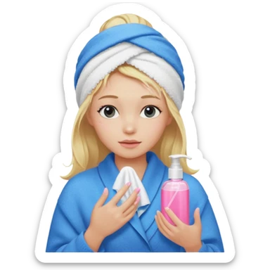 A girl grabbing a pink serum with a towel in blonde hair with a white shower towel in her hair with skincare on her face dressed in a blue sweater sticker