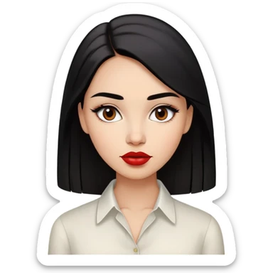 Young woman with oval face, high cheekbones, dark brown eyes, thick eyebrows, red lipstick, light brown skin, long straight black hair, wearing a white blouse sticker
