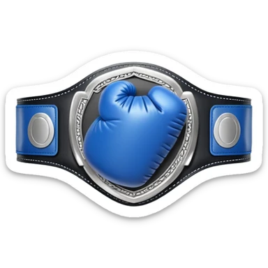 silver championship belt with a blue boxing glove in the middle sticker