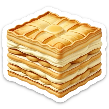 Mille-feuille Cinematic Realistic Mille-Feuille Dessert Emoji, depicted as a delicate pastry composed of two crisp layers of puff pastry with a rich cream filling, rendered with intricate textures and elegant, soft lighting. sticker