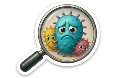 EMOJI STILE IPHONE DI una lente di ingrandimento che inquadra un cumulo di batteri intestinali tristi, IPERREALISTICO 4K sticker