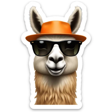 a llama wearing a orange hat and black rayban shades sticker